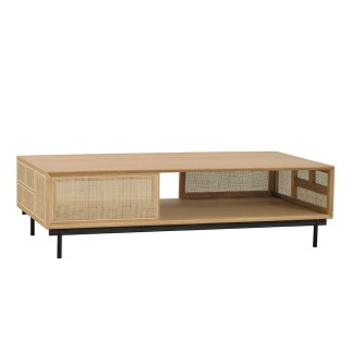 Table basse rectangulaire en chêne et cannage avec pieds métal Augustin