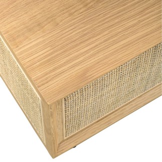Table basse rectangulaire en chêne et cannage avec pieds métal Augustin