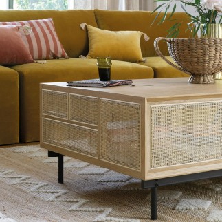 Table basse rectangulaire en chêne et cannage avec pieds métal Augustin