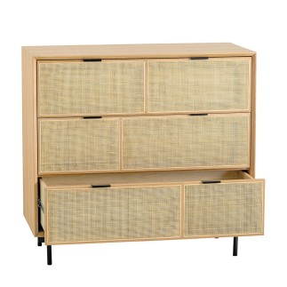 Commode 3 tiroirs en chêne et cannage avec pieds métal Augustin