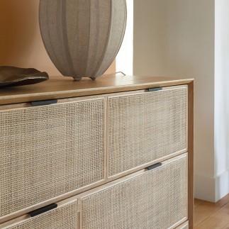 Commode 3 tiroirs en chêne et cannage avec pieds métal Augustin