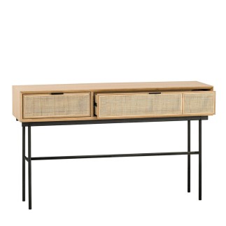 Console 3 tiroirs en chêne et cannage avec pieds métal Augustin