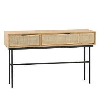 Console 3 tiroirs en chêne et cannage avec pieds métal Augustin