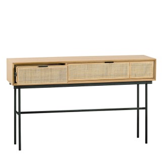 Console 3 tiroirs en chêne et cannage avec pieds métal Augustin