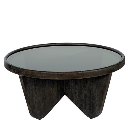 Table basse ronde en chêne avec piètement sculptural et plateau verre Cléo
