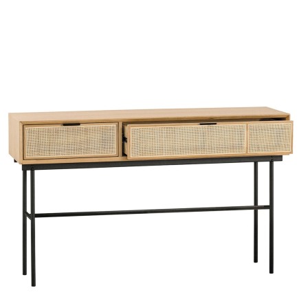 Console 2 tiroirs en chêne et cannage avec pieds métal Augustin