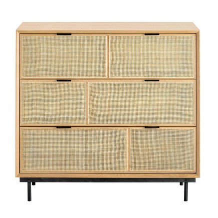 Commode 3 tiroirs en chêne et cannage avec pieds métal Augustin
