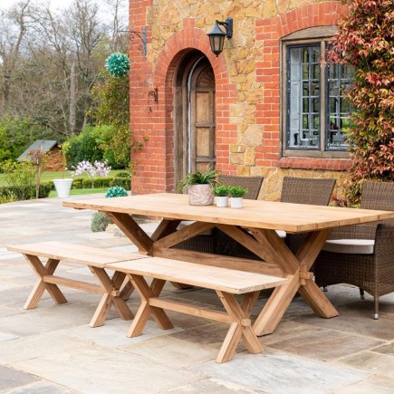Banc en teck massif pieds croisés, 120 cm, Plank