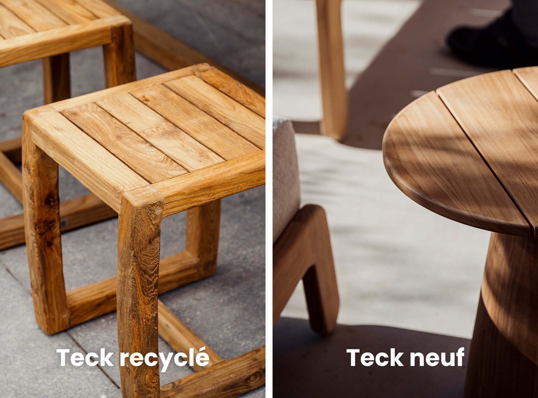 Teck neuf et teck recyclé : comparaison d'aspect