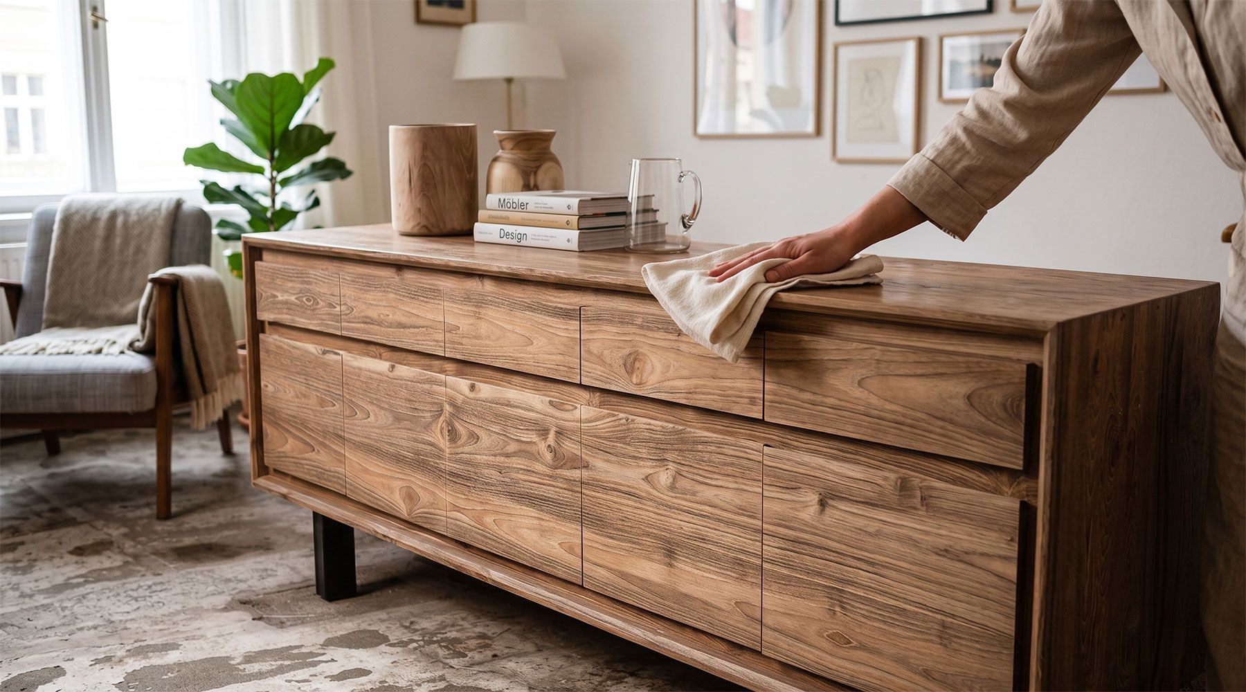 Entretien d'un meuble en bois : chiffon doux et eau savonneuse sur une table en teck