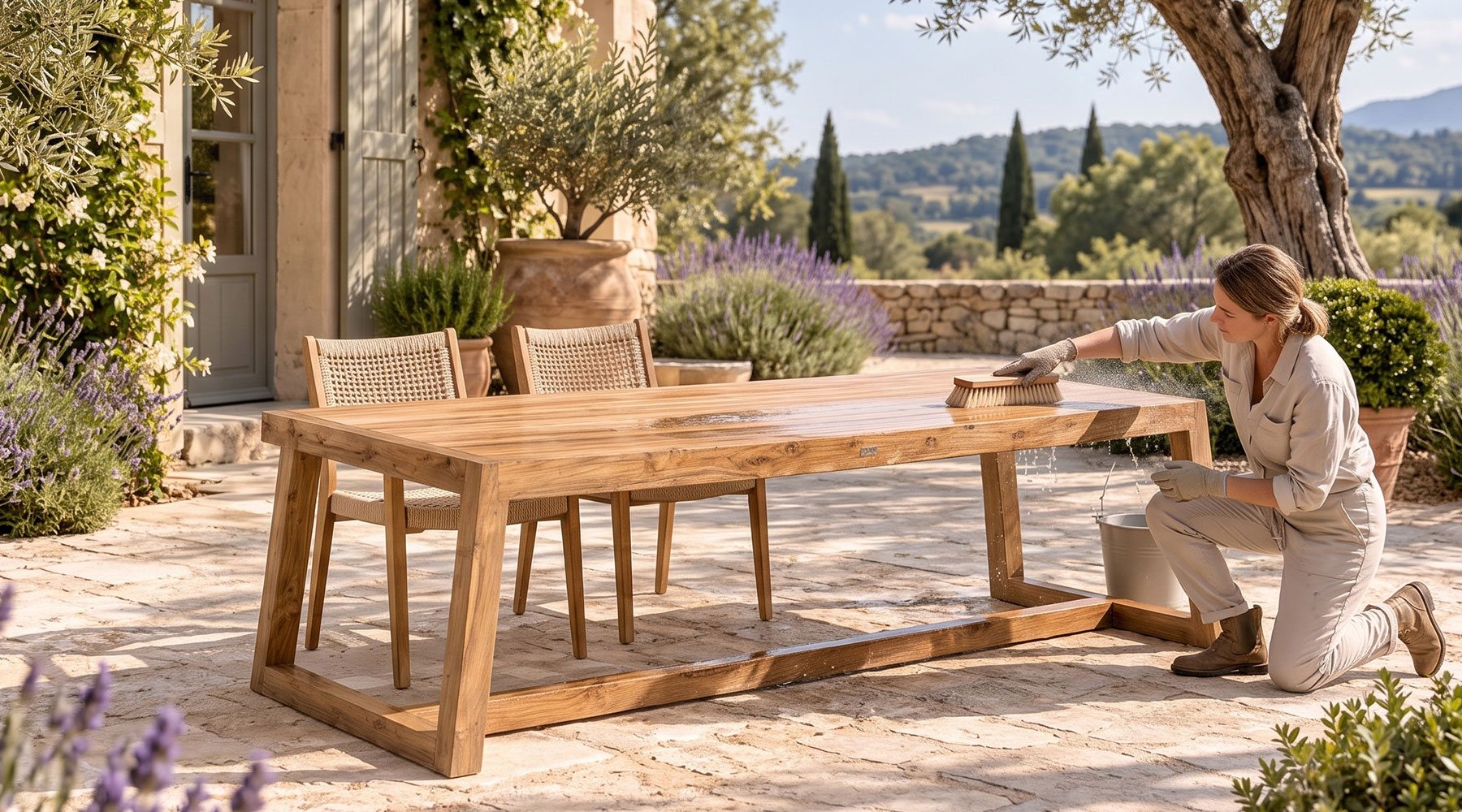 Nettoyage d'une table de jardin en bois avec une brosse souple et de l'eau savonneuse
