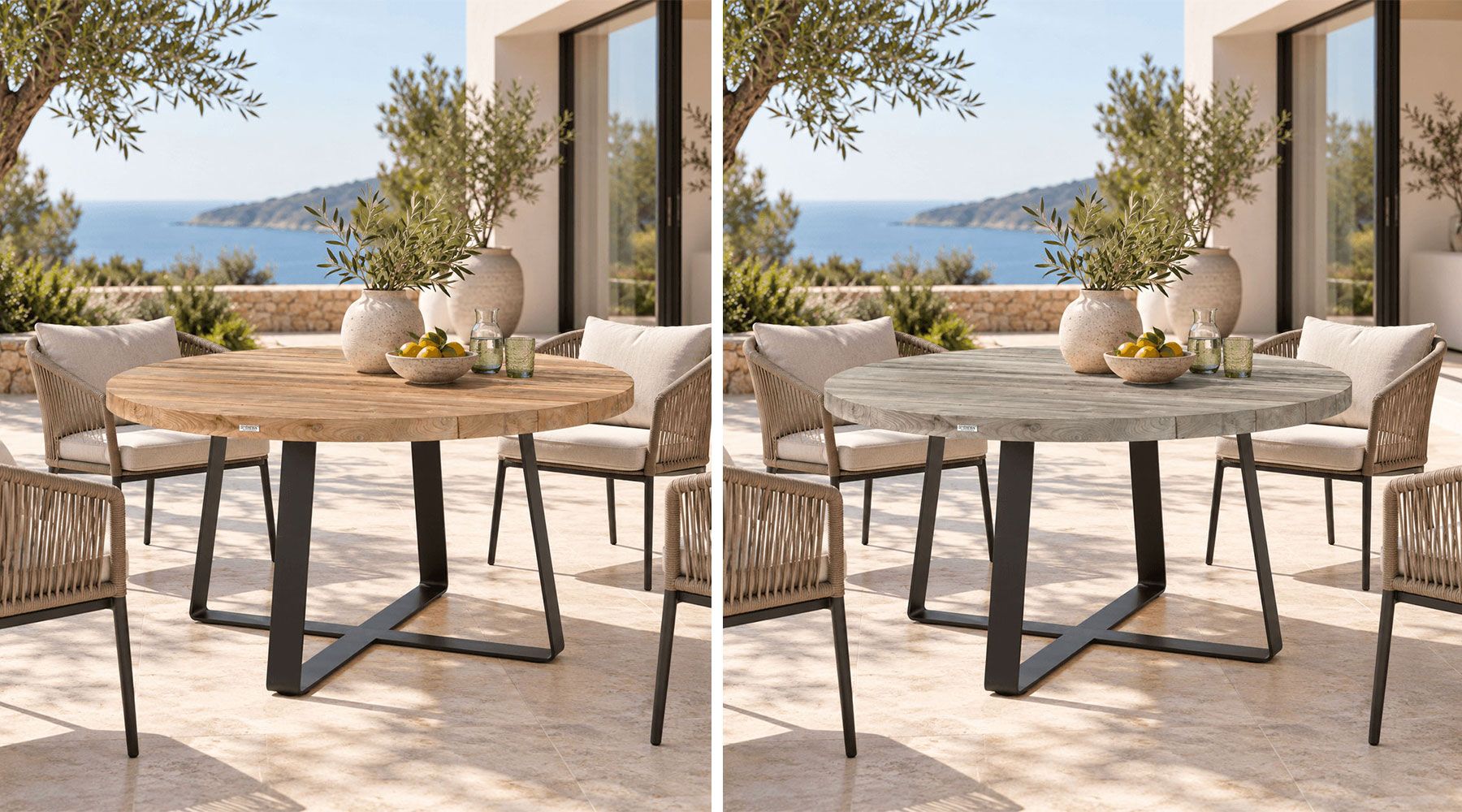 Table de jardin en teck : patine grise naturelle et teinte miel d'origine