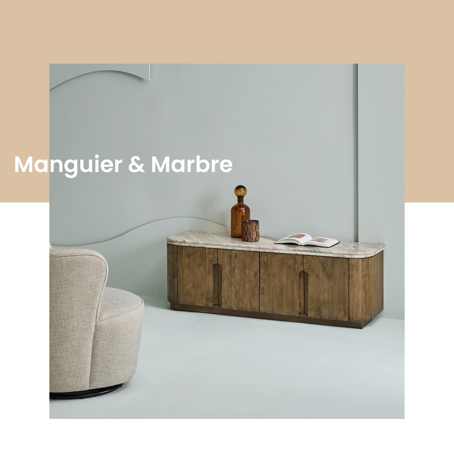 Meuble TV Buren en bois de manguier et marbre Signature